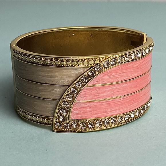 Retro Dripping Oil Oval Hinged Cuff Bangle Clamper Bracelet Two Tone Gol… - Picture 9 of 9